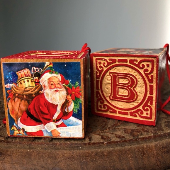 Vintage Set of 2 Children’s Toy Block Santa Claus Christmas Ornaments - Picture 1 of 10